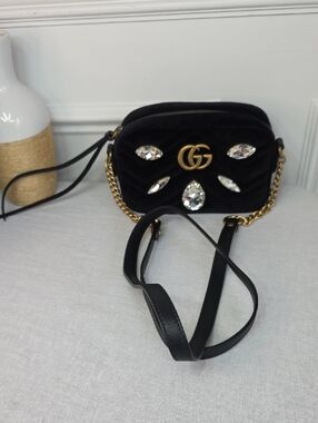 Gucci Black Velvet GG Crystal-Embellished Crossbody Bag